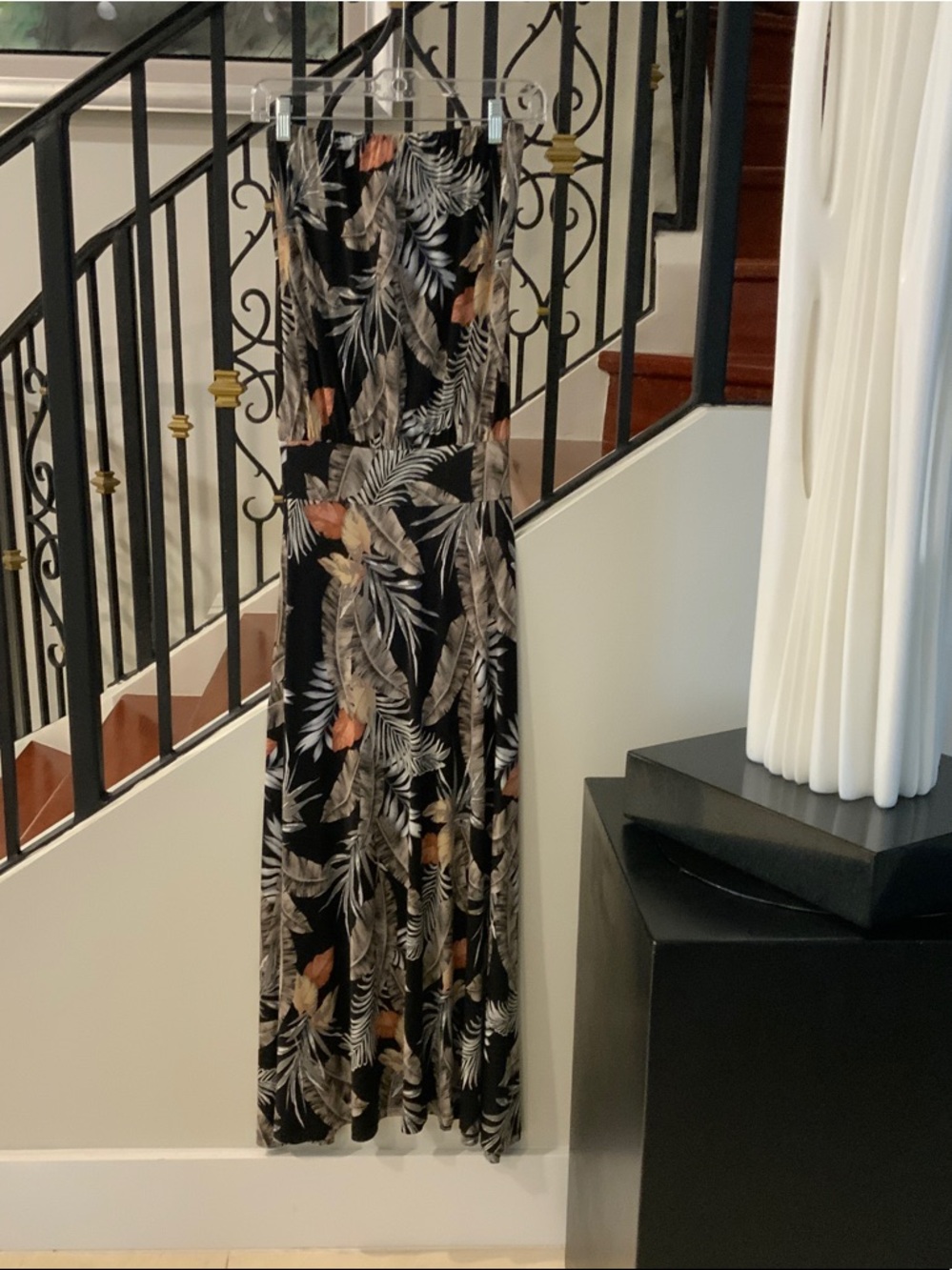 Veronica M Strapless Tropical Leaf Maxi Dress in Black and Neutral Tones